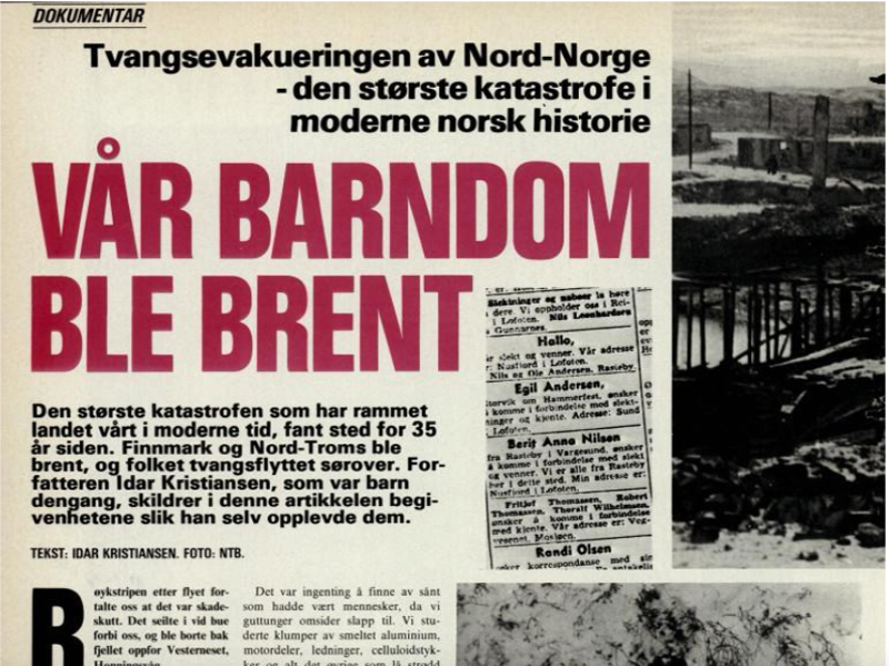 Vår barndom ble brent. Avisutklipp fra artikkel av Idar Kristiansen 22. mai 1979.